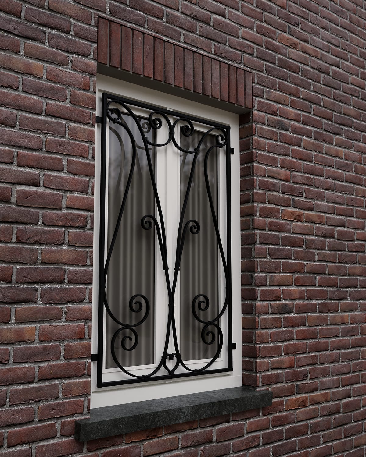 Ontwerpvisualisatie van een zwarte smeedijzeren raambeveiliging met krullen en een hart voor een raam in een bakstenen gevel